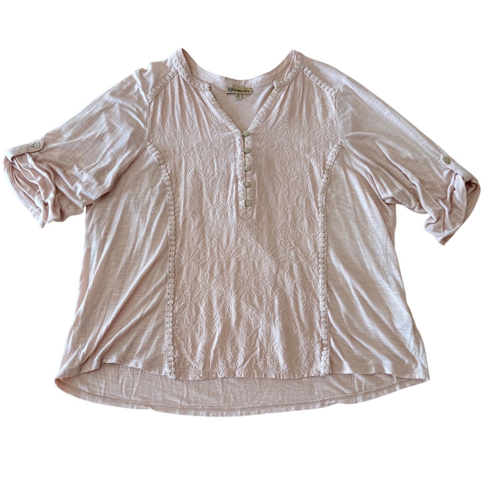 Democracy Women Pink Embroidered Roll Tab Sleeve Top 1X Cottagecore slub